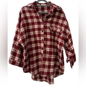 Cherry Koko Women’s Oversized Red White Plaid Flannel Button-Down Shirt Size M